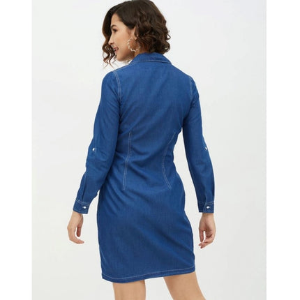 Rosolly Women's Denim Solid Long Sleeves Above Knee Dress (Blue)