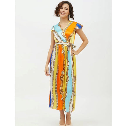 Rosolly Women's Satin Chain Print Cap Sleeve Calf-length Dress (Multicolor)