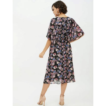 Rosolly Women's Polyester Chain Print Cap Sleeve Calf-length Dress (Multicolor)