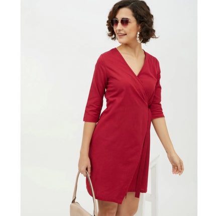 Rosolly Women's Cotton Wrap 3-4th Sleeves Above Knee Dress (Maroon)