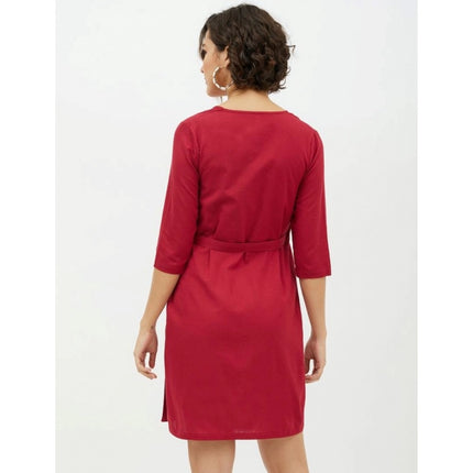 Rosolly Women's Cotton Wrap 3-4th Sleeves Above Knee Dress (Maroon)