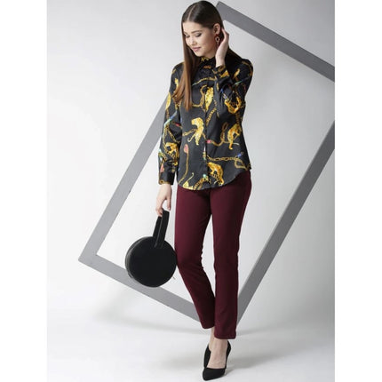 Rosolly Women's Satin Printed Long Sleeves Standard Length Shirt (Black - Gold)