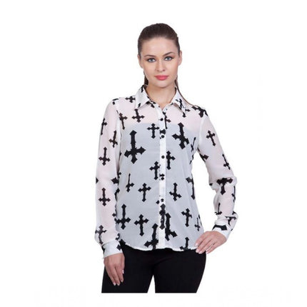 Rosolly Women's Polyester Printed Long Sleeves Standard Length Shirt (White)