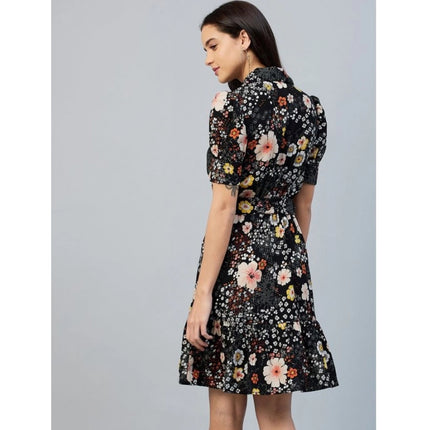 Rosolly Women's Polyester Floral Short Sleeve Above Knee Dress (Black)