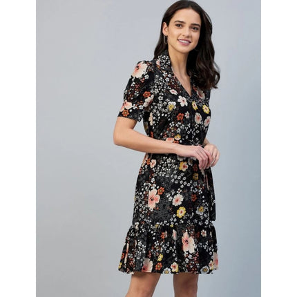 Rosolly Women's Polyester Floral Short Sleeve Above Knee Dress (Black)