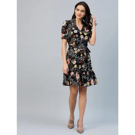 Rosolly Women's Polyester Floral Short Sleeve Above Knee Dress (Black)