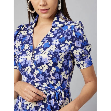 Rosolly Women's Polyester Floral Short Sleeve Above Knee Dress (Blue - Purple)