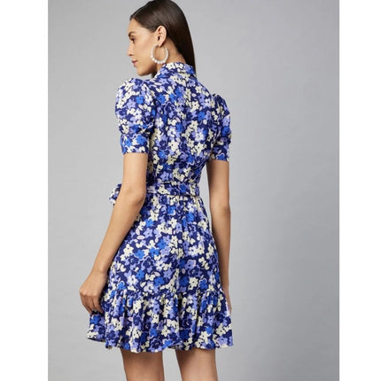 Rosolly Women's Polyester Floral Short Sleeve Above Knee Dress (Blue - Purple)