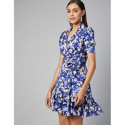 Rosolly Women's Polyester Floral Short Sleeve Above Knee Dress (Blue - Purple)