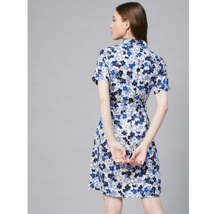 Rosolly Women's Polyester Floral Short Sleeve Above Knee Dress (Blue - White)