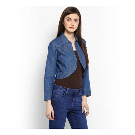 Rosolly Women's Denim Solid 3-4th Sleeves Shrug (Blue)
