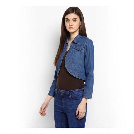 Rosolly Women's Denim Solid 3-4th Sleeves Shrug (Blue)
