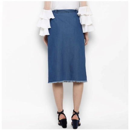 Rosolly Women's Denim Washed Buttoned Skirt (Blue)