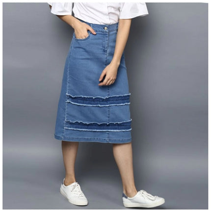 Rosolly Women's Denim Washed Buttoned Skirt (Blue)