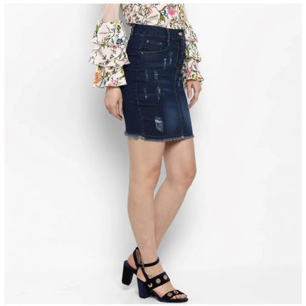 Rosolly Women's Denim Distressed Buttoned Skirt (Blue)