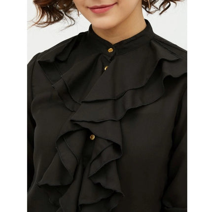 Rosolly Women's Polyester Ruffled Long Sleeves Standard Length Shirt (Black)