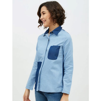 Rosolly Women's Denim Patch Work Long Sleeves Standard Length Shirt (Blue)