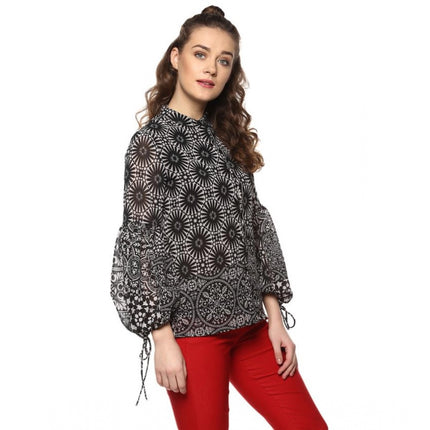 Rosolly Women's Polyester Printed Balloon Sleeve Top (Black - White)
