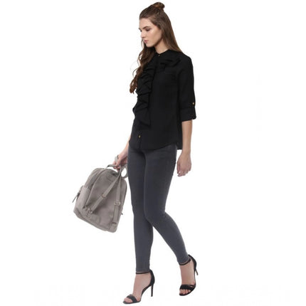 Rosolly Women's Polyester Ruffled Long Sleeves Top (Black)