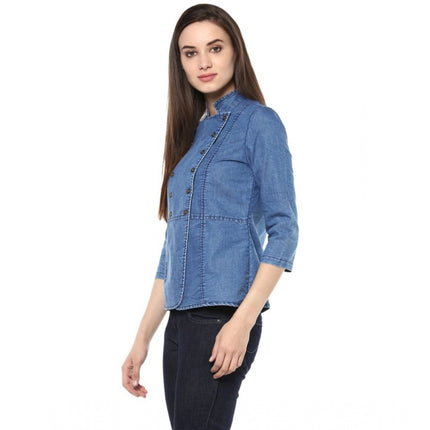 Rosolly Women's Denim Solid 3-4th Sleeves Regular Top (Blue)