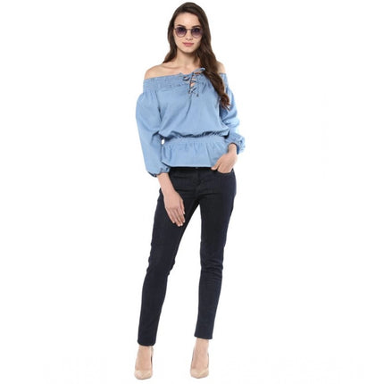 Rosolly Women's Denim Solid 3-4th Sleeves Regular Top (Blue)