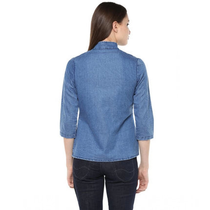 Rosolly Women's Denim Solid 3-4th Sleeves Regular Top (Blue)