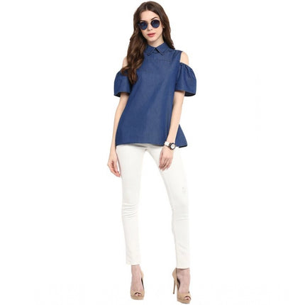 Rosolly Women's Denim Solid Cold Shoulder Regular Top (Blue)