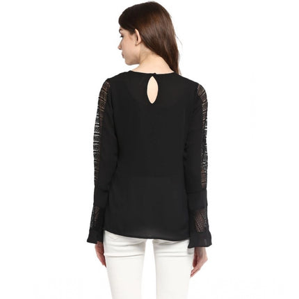 Rosolly Women's Polyester Georgette Self Design Bell Sleeve Regular Top (Black)