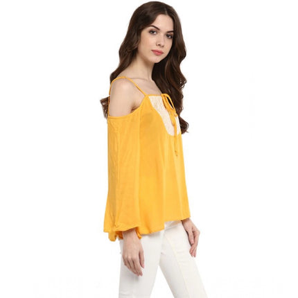 Rosolly Women's Rayon Embellished Cold Shoulder Regular Top (Mustard Yellow)