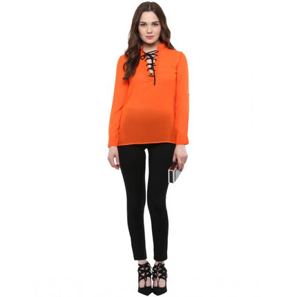 Rosolly Women's Polyester Solid Long Sleeves Regular Top (Orange)