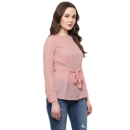 Rosolly Women's Polyester Solid Long Sleeves Regular Top (Pink)
