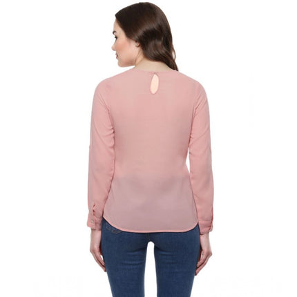 Rosolly Women's Polyester Solid Long Sleeves Regular Top (Pink)