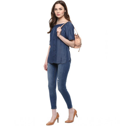 Rosolly Women's Denim Solid Short Sleeve Regular Top (Blue)