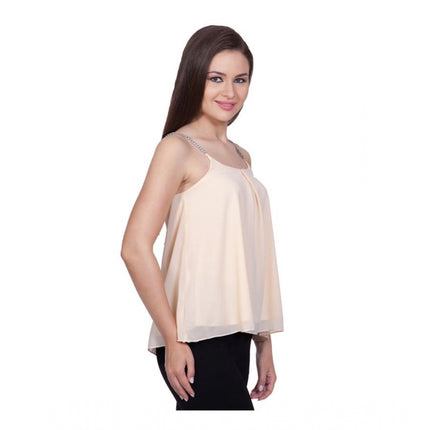 Rosolly Women's Polyester Solid Shoulder Straps Regular Top (Beige)