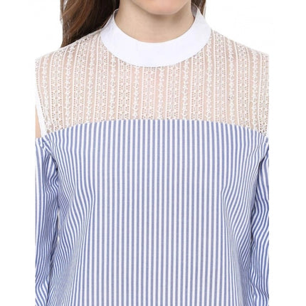 Rosolly Women's Cotton Striped Cold Shoulder Top (Blue)