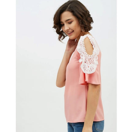 Rosolly Women's Polyester Lace Inserts Cold Shoulder Top (Pink)
