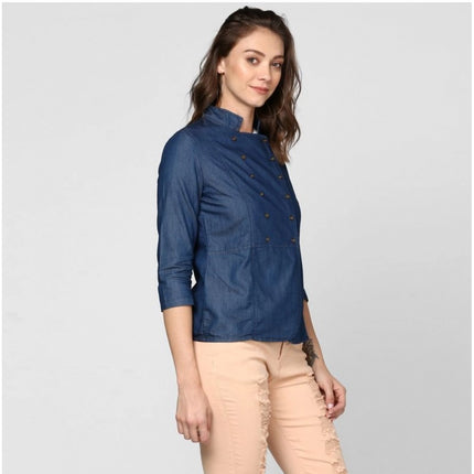 Rosolly Women's Denim Solid 3-4th Sleeves Top (Blue)