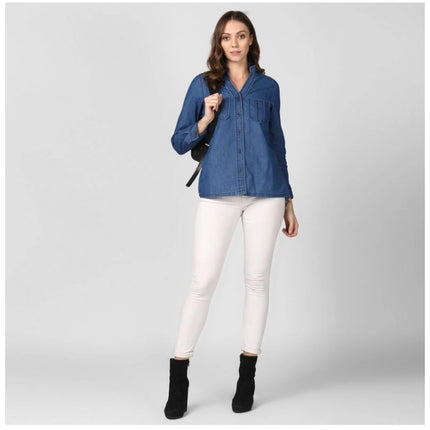 Rosolly Women's Denim Solid Long Sleeves Top (Blue)