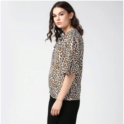 Rosolly Women's Polyester Animal Print Bell Sleeve Top (Orange - Black)