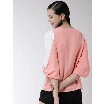 Rosolly Women's Polyester Colour Block Slit Sleeve Top (Pink)