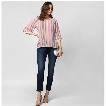 Rosolly Women's Polyester Striped 3-4th Sleeves Top (Pink)