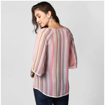Rosolly Women's Polyester Striped 3-4th Sleeves Top (Pink)