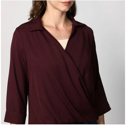 Rosolly Women's Polyester Solid 3-4th Sleeves Top (Maroon)