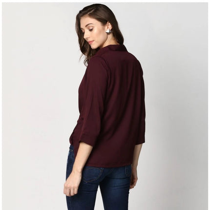 Rosolly Women's Polyester Solid 3-4th Sleeves Top (Maroon)