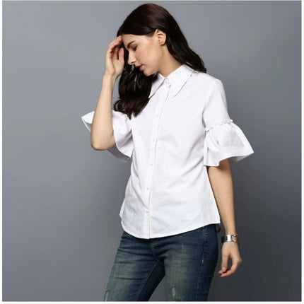 Rosolly Women's Cotton Solid Bell Sleeve Top (White)