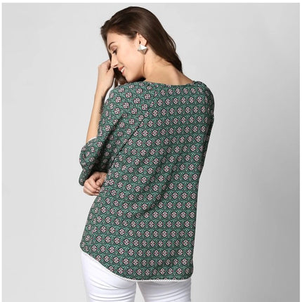 Rosolly Women's Polyester Printed 3-4th Sleeves Top (Green)