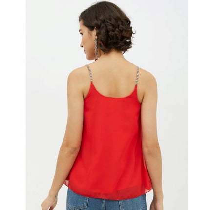 Rosolly Women's Polyester Embellished Shoulder Straps Top (Red)