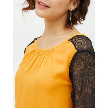 Rosolly Women's Rayon Lace Inserts Long Sleeves Top (Yellow)