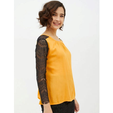 Rosolly Women's Rayon Lace Inserts Long Sleeves Top (Yellow)
