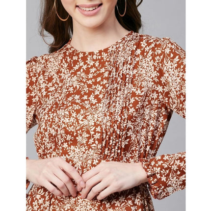 Rosolly Women's Polyester Floral Long Sleeves Above Knee Dress (Rust)